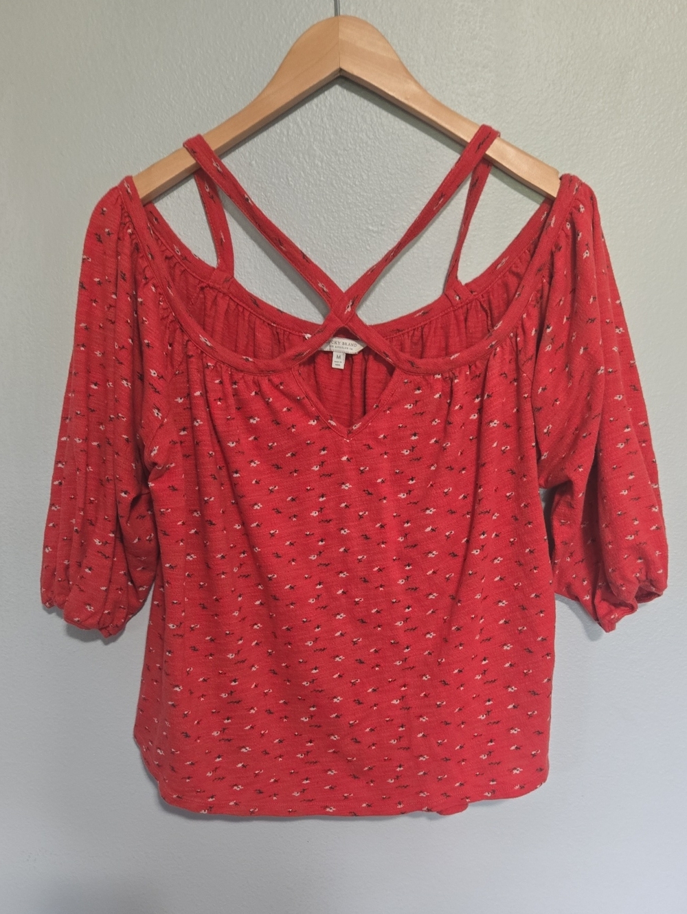 Lucky Brand Red Off-Shoulder Crisscross Back Tunic In Soze Medium